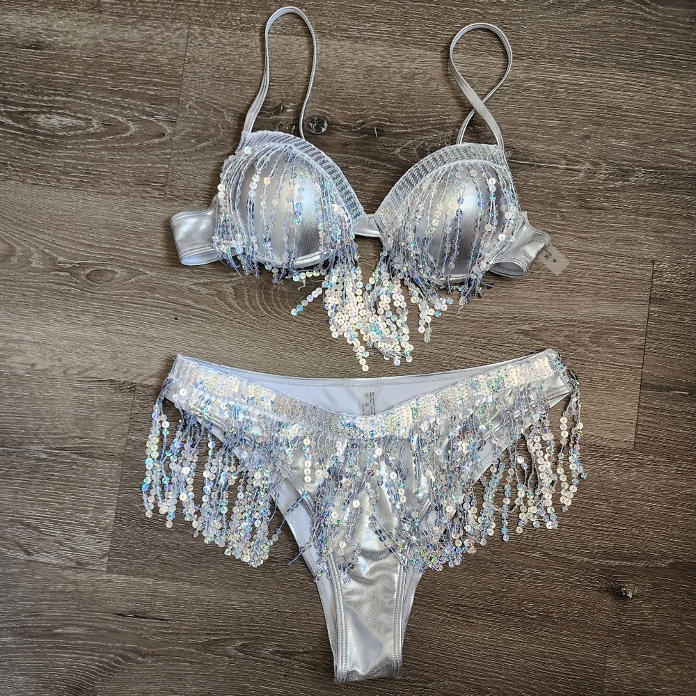 Shein Metalic Silver 2 PC Bikini Size M